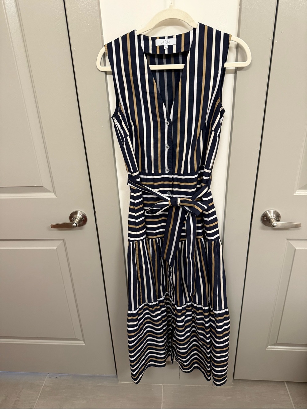 Pearl by Lela Rose Navy, White & Tan Striped Tie-Waist Maxi Dress
